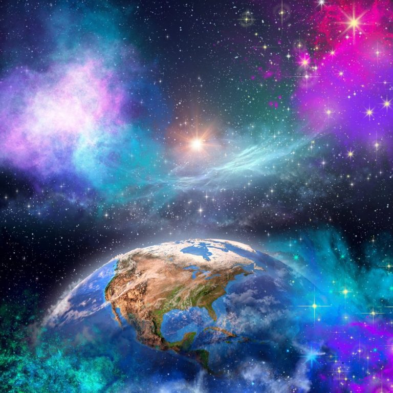 Earth seen from space surrounded by colorful stars and nebulae