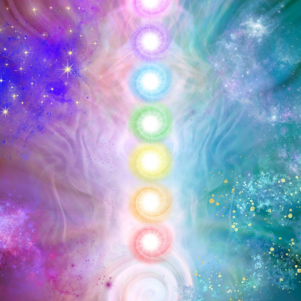 Seven glowing chakra lights in a vertical line on a pastel cosmic background